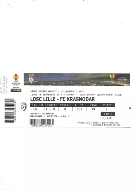 Ticket Lille-Fc Krasnodar 14/15 Europa League.