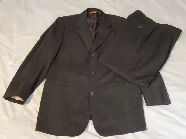 VINTAGE 90s Donna Karan Suit Men 42 R Black Wool Ribbed Stripe Pants 32x28 Italy