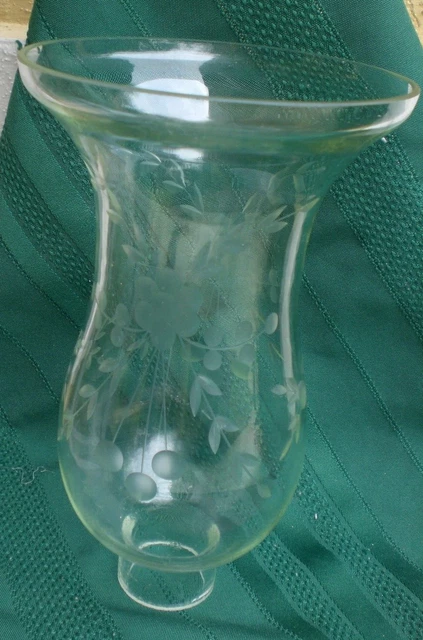 Glass Hurricane Candle Lamp Shade Globe  w/Etched Floral Design 8 3/4" Tall