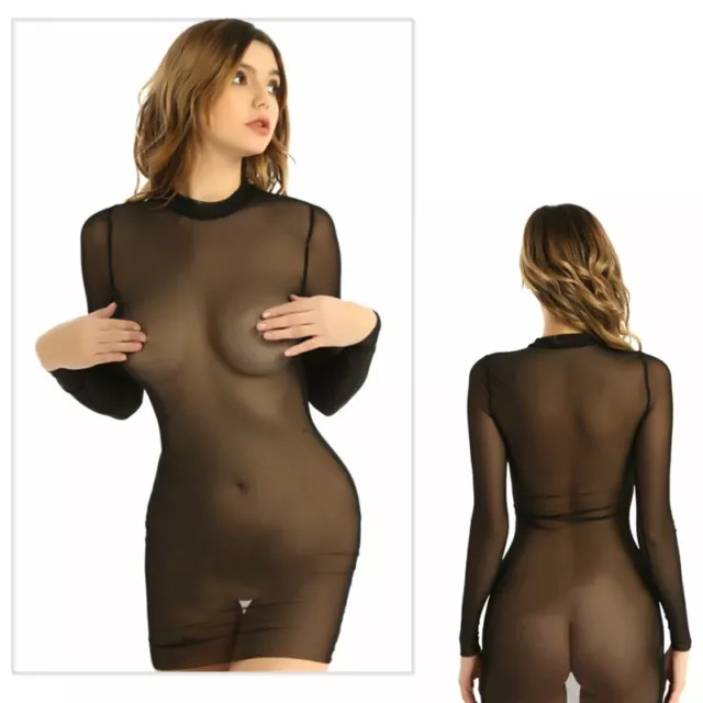 Damen Sheer durchsichtiges Netzkleid Langarm Nachtkleid Clubwear Strandmode