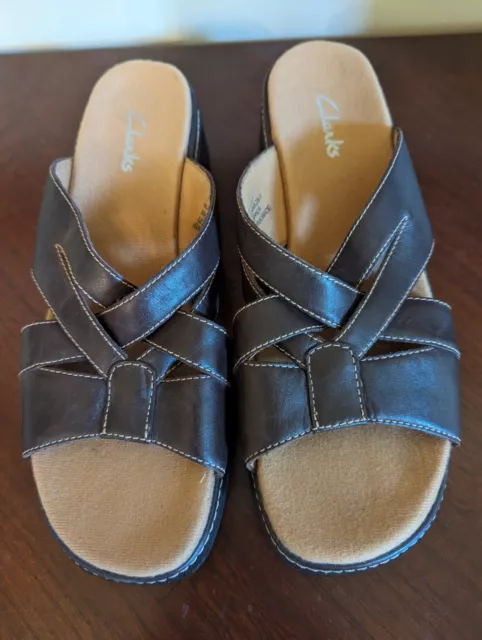 Clarks Women's Brown Leather Strap Slides Open Toe Size 9