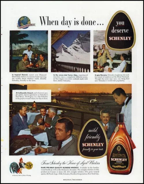 1948 LaGuardia Airport Schenley whiskey Swiss Alps Hawaii photo print ad L50