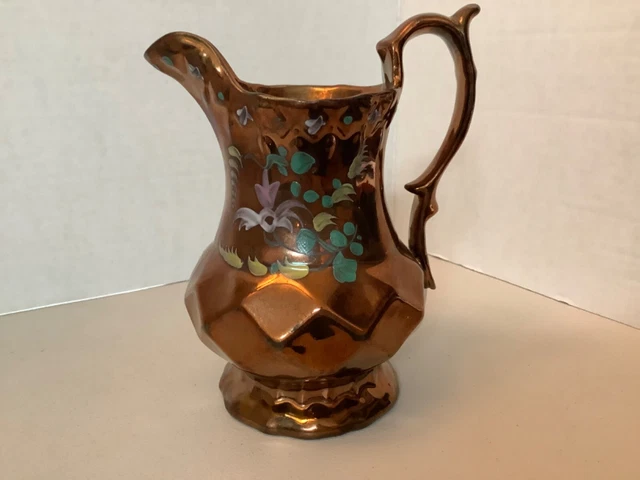 Antique Hand-painted Copper Lusterware Pitcher Ewer EUC