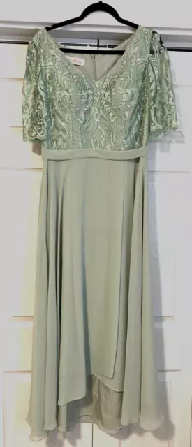 JJ's House Formal Asymmetric Chiffon & Lace Gown, Celery green, Size 14, V-Neck