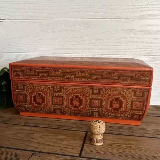 Stunning Burmese Lacquerware Betel Box Hand Painted Large Burmese Lacquer Box