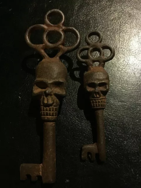Skull Victorian Cast Iron Key Skeleton Castle x2 Rustic Patina Collector SET LOT