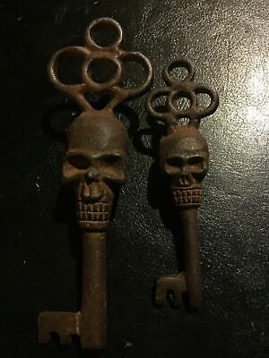 Skull Victorian Cast Iron Keys Skeleton Castle Key x2 Patina Collector SET LOT