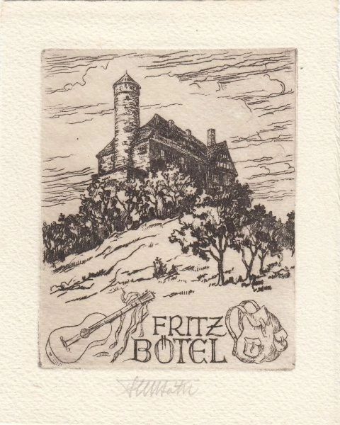 Exlibris Bookplate Etching Fritz Bötel 1896-1984 Jugendburg Ludwigstein