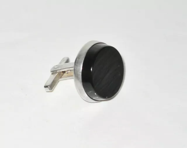 Single Vintage Sterling Silver Large 17mm x 3mm Black Onyx Round Cuff Link 9g