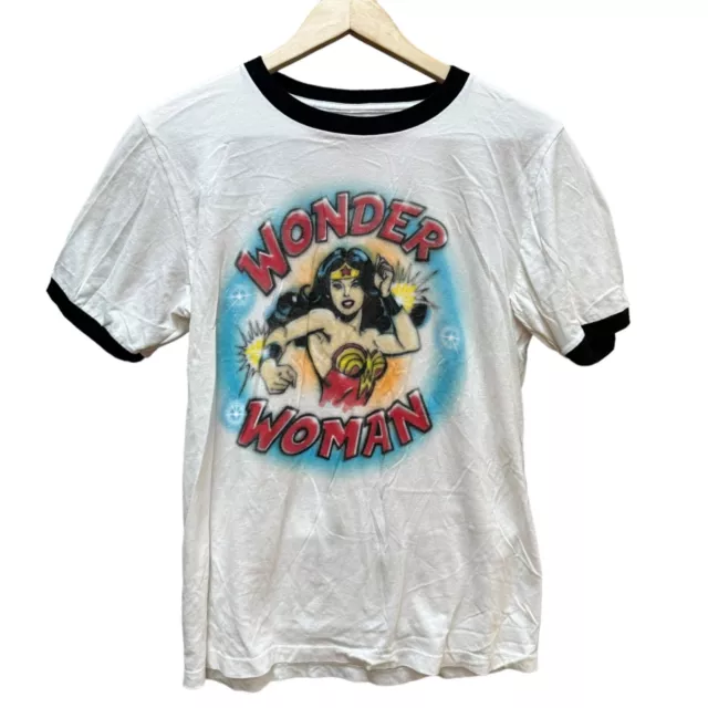 Wonder Woman T-Shirt Ringer Spray Paint Tee White DC Comics Retro Women's M