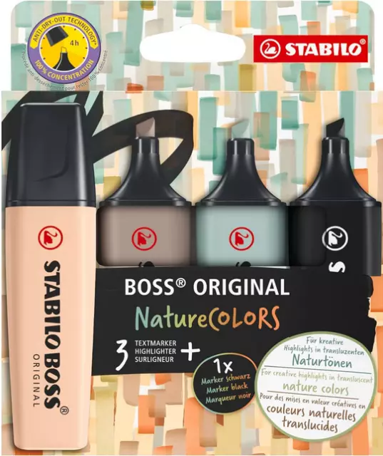 Stabilo Boss Nature COLORS Highlighter Original Pens - 4 Pack Assorted Colours