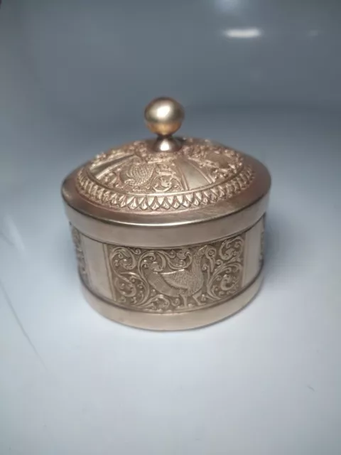 Antique Small Round Brass Lidded Trinket Box Embossed Engraved , 1924 China Rare