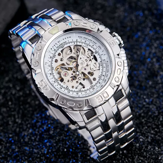 Luxury Silver Gold Automatic Mechanical Watch for Men Full Steel Skeleton