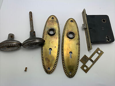 Vintage Beaded Oval Doorknobs & Plates w/ Mortise Lockbox & Strike Plates (set)