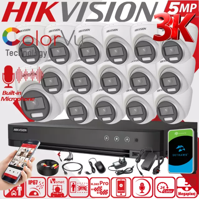 Hikvision Audio ColorVu 5MP CCTV Security System 3k Camera DVR Bundle Full Kit