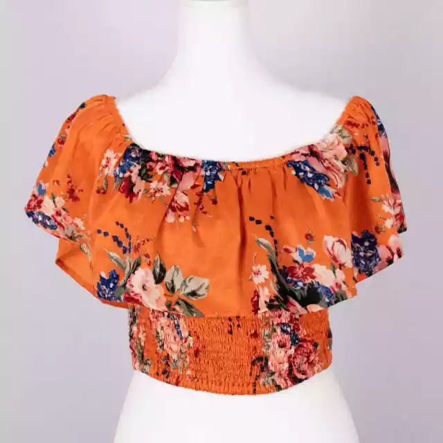 Band of Gypsies Off-The-Shoulder Floral Crop Top w/ Smocking Women's Size MEDIUM