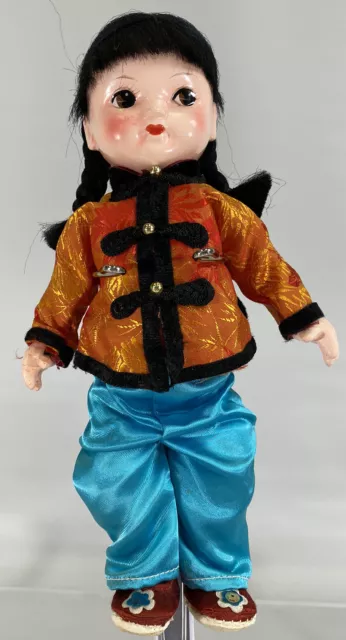 Vintage Japanese Asian Little Girl 8.5” Porcelain Doll In Silky Outfit Braids