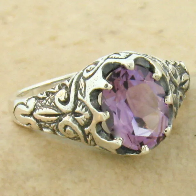 Genuine Brazilian Amethyst 925 Sterling Silver Carved Classic Style Ring   #1034