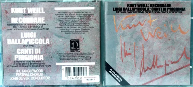 KURT WEILL / DALLAPICCOLA - RECORDARE / CANTI DI PRIGIONIA - 1 CD n.2342