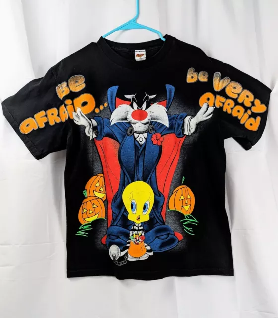 VTG 1998 Looney Tunes Sylvester Tweety Bird Be Very Afraid Halloween Shirt Sz L