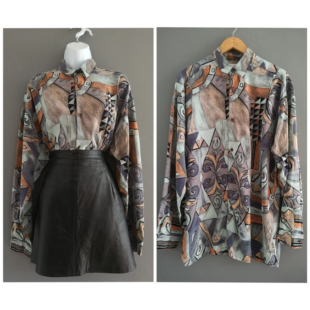 Camicia vintage anni '80 '90 nera stampa astratta vestibilità viscosa rilassata camicetta 12 14 M