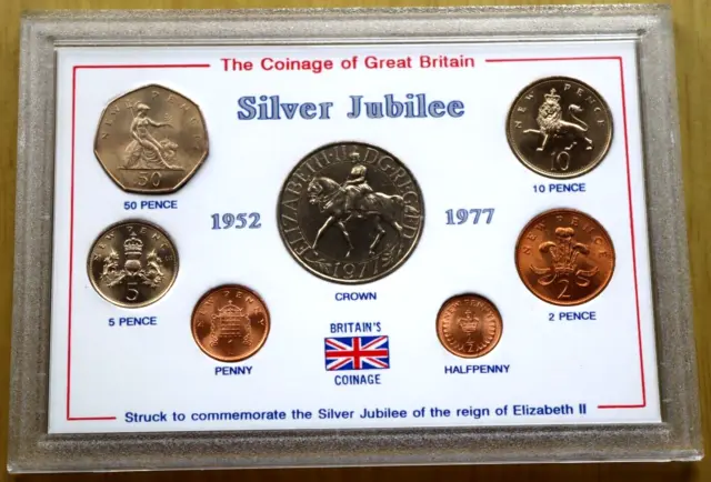 Queen Elizabeth II Silver Jubilee 1977 Great Britain 7 Coin Set In Perspex Case