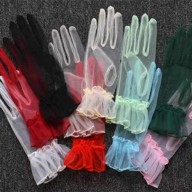 Guanti corti da donna tulle pizzo stretch foglia di loto tende dito pieno morbido↑