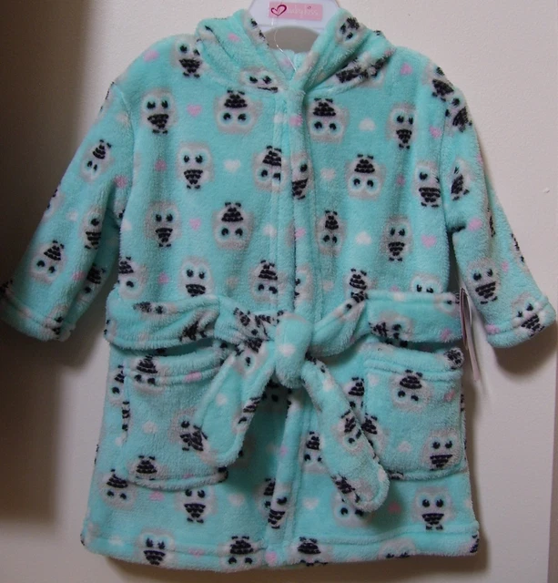 Girls Baby Kiss Soft Plush Luxe Owl Hearts Hooded Bath Robe Sz 0-9M