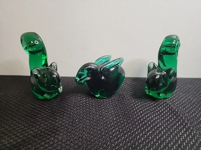 Lot Of 3 Vintage Green Art Glass Paperweights 2 Squirrel And 1 Bunny Figurine