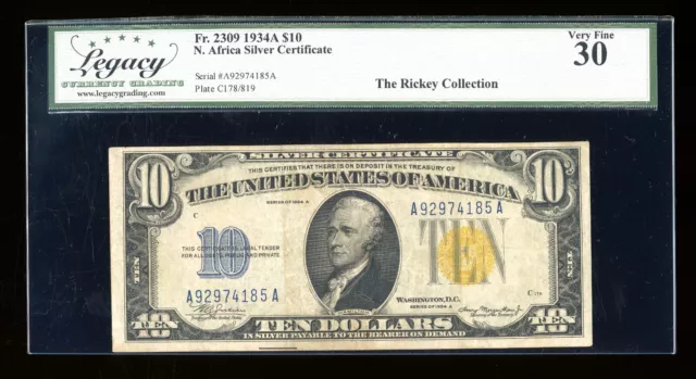 DBR 1934-A $10 North Africa Silver Fr. 2309 Legacy 30 Serial A92974185A