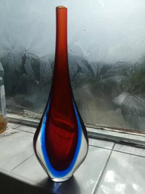 Vintage Murano Sommerso Red Blue Clear Teardrop Weighted Glass Bud Vase 10x3.5"