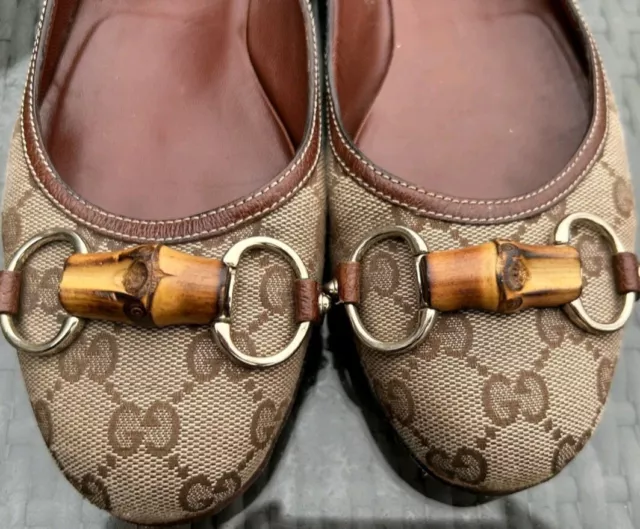 Gucci Canvas Ballet Flats Bamboo Horsebit Brown Leather Size 8 Resoled