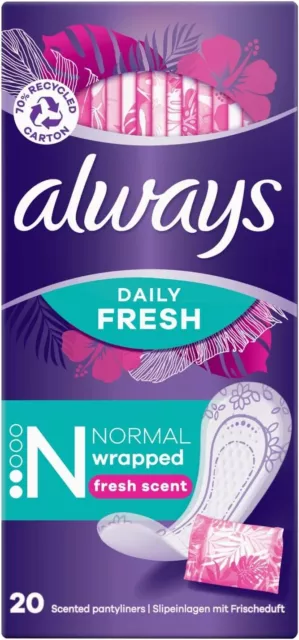 2 x Always Dailies Panty Liners Normal Fresh Scent Individually Wrapped 20 Pack