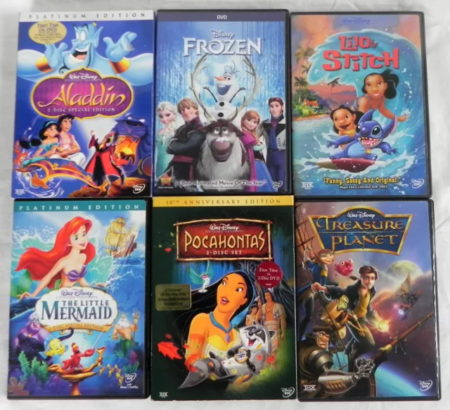 6 Disney Animated Movie DVDs: Aladdin, Frozen, Little Mermaid, Pocahontas, Lilo+