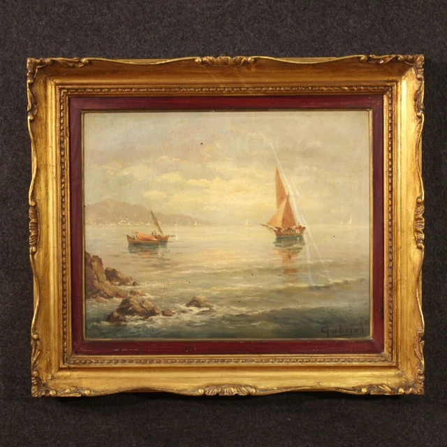 Paysage signé huile tablette tableau marine style ancien peinture 900 cadre