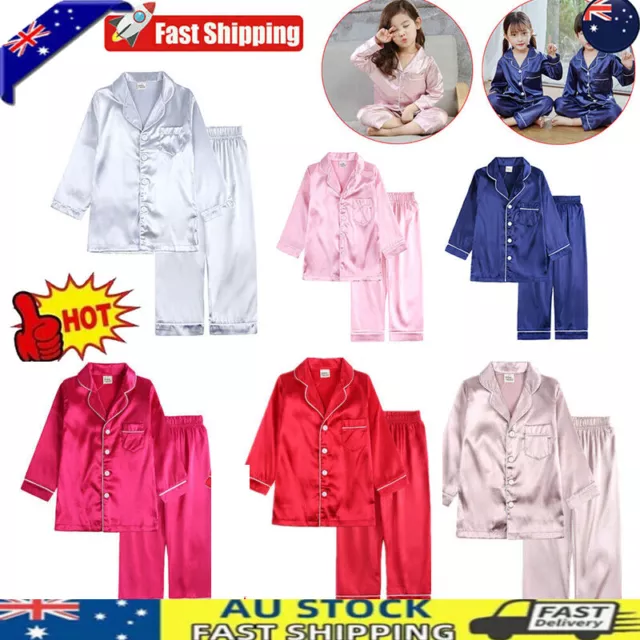 Kids Boys Girls Silk Pyjamas Nightwear Top Pants Pjs Satin Sleepwear Outfits AU