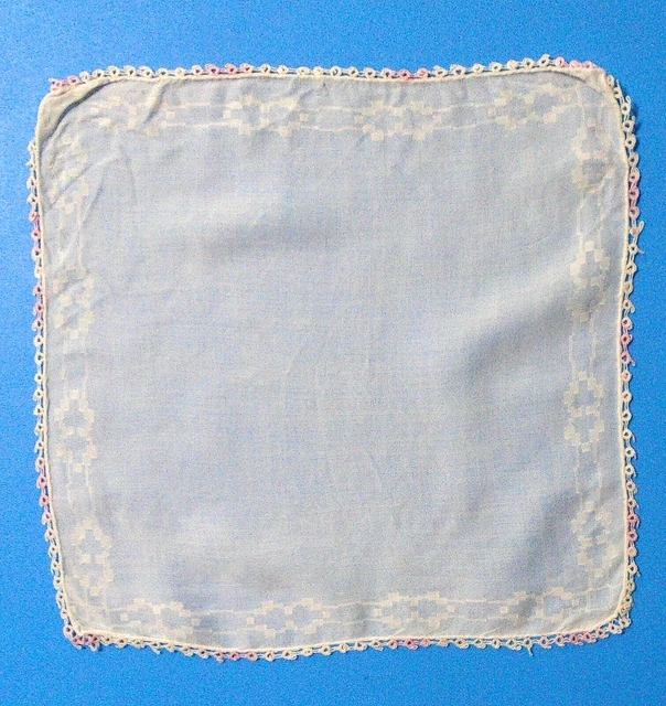 Vintage Ladies Handkerchief/Hanky #330- White on White w/Pink Tatted Edge