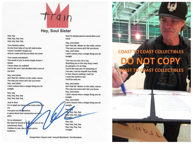 Pat Monahan Signed Train Hey Soul Sister Lyrics Sheet Exact Proof COA Autographed STAR Pat Monahan Signed Train Hey Soul Sister Lyrics Sheet Exact Proof COA Autographed STAR