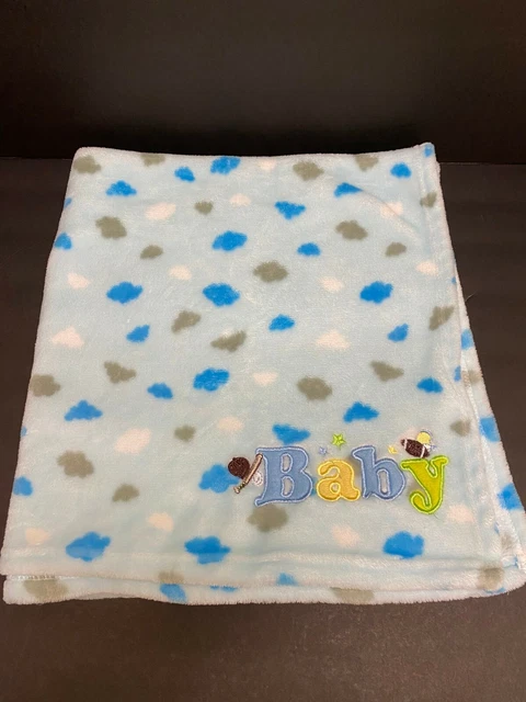 Baby Blanket Blue Football Baseball Clouds Unbranded Euc