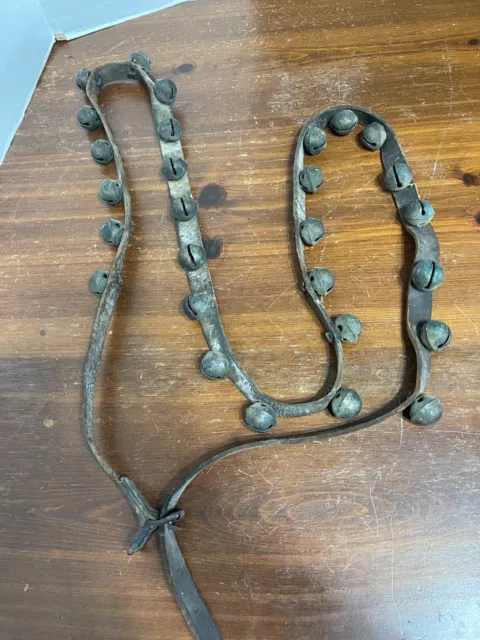 Antique Amish Brass Sleigh Bells 100" Leather Strap Harness Design 1"+ 27 Bell