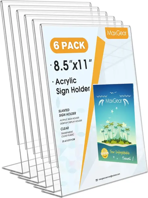 6-Pack Acrylic Sign Holder 8.5x11: Vertical Slanted Back - Clear Picture Frames