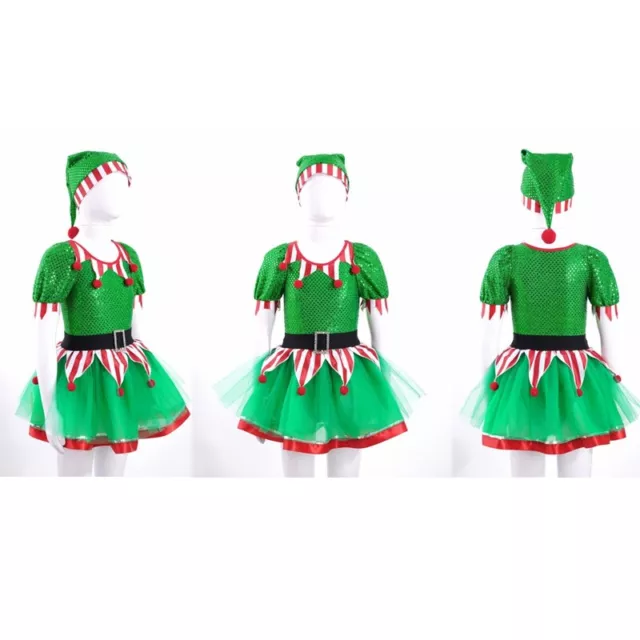 Costume cosplay elfo di Natale bambine paillettes verdi rete tutù set cappello abito
