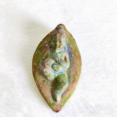 19c Vintage Fait à la Main Peint Bébé Lord Krishna Figurine Statue Cuite Rare