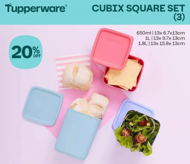 Tupperware New Cubix Square Set 3 Piece Multi Coloured Bnip Rrp $39.