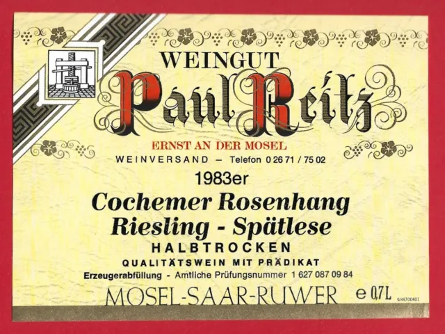 D155Etiquette Weinetikett MOSEL1983 COCHEMER ROSENHANG RIESLING Paul REITZ ERNST
