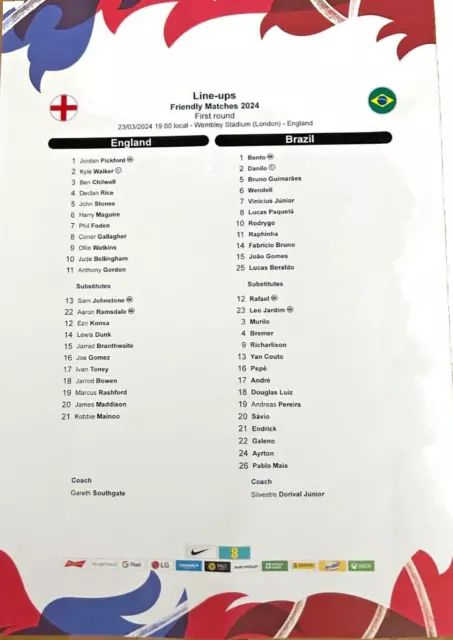 ENGLAND v BRAZIL WEMBLEY FRIENDLY, 23.3.24, TEAMSHEET