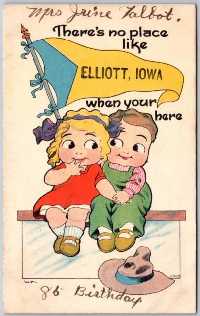 Postcard IA Elliott Iowa Greetings Boy Girl Pennant Witt IA01