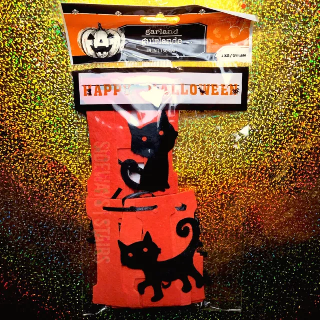 HAPPY HALLOWEEN FELT GARLAND 59 inch orange-red black cat ghost raven spider NEW 2