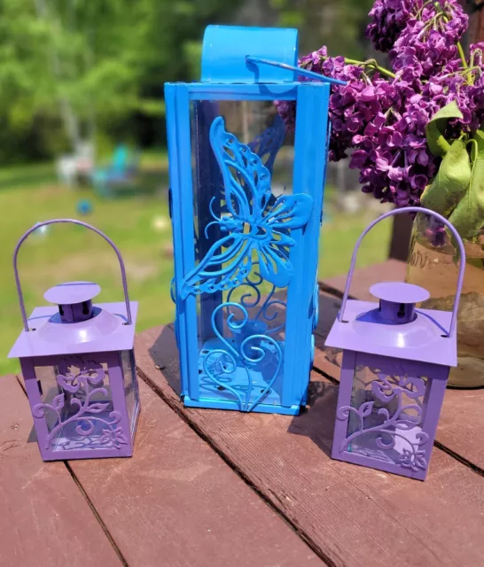 Lantern Luminaries Tea Light Taper Candle Holder Set of 3 Metal Glass Butterfly Lantern Luminaries Tea Light Taper Candle Holder Set of 3 Metal Glass Butterfly