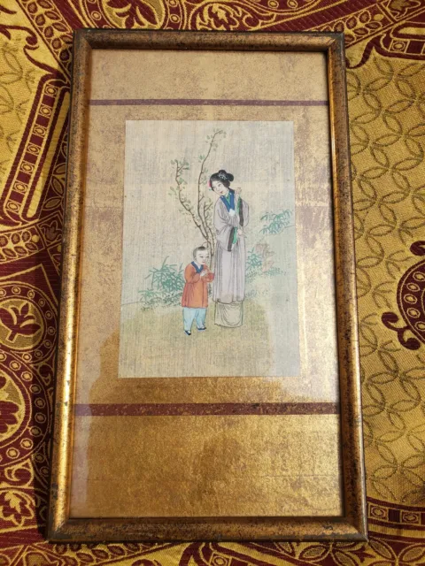 Tableau Peinture Asiatique Sur Soie Ancien Femme Avec Enfant